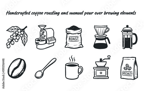Handcrafted coffee roasting and manual pour over brewing elements