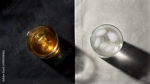 Whiskey and Water Glasses with Ice on Split Contrast Background