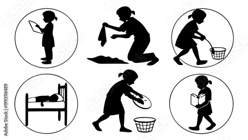 Vector set of kids daily routine silhouette icons showing various activities