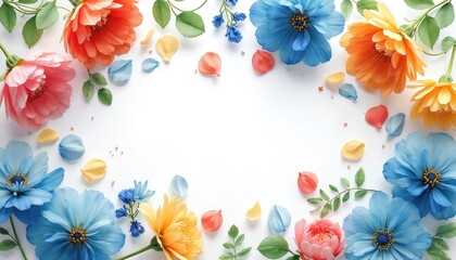 Bright floral border with various blooming flowers and petals on white background. Blue orange pink yellow blossoms with green leaves create a lively decorative frame for text.