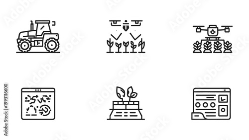 Smart Farming Icons: A collection of modern farming icons showcasing automated tractors, drone technology, precision agriculture techniques, and digital monitoring systems.