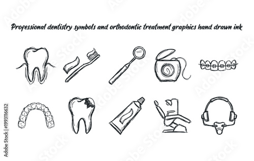 Professional dentistry symbols and orthodontic treatment graphics hand drawn ink