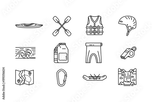 Collection of thin line icons representing adventure sports equipment and natural elements