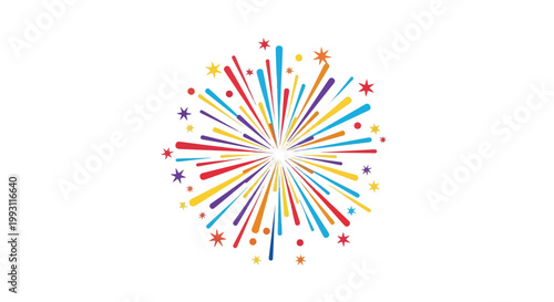 Vibrant colorful firework burst illustration for Diwali celebration in India featuring multi colored rays and stars on white background for festive holiday design projects