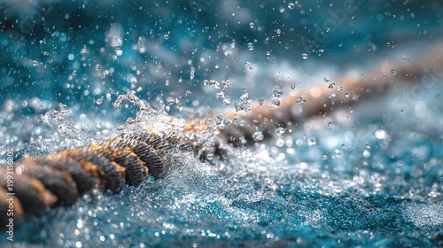 tow. A taut ski tow rope and water droplets in focus against a blurred background. public awareness campaigns, NGO reports, designed for public awareness campaigns and NGO communications.
