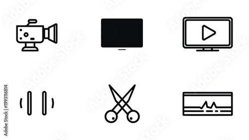 Video Production Icons: A sleek collection of minimalist icons representing various aspects of video creation and editing, conveying the essence of the digital filmmaking process.