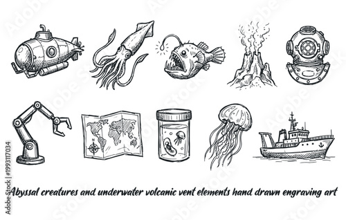 Abyssal creatures and underwater volcanic vent elements hand drawn engraving art