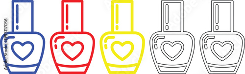 Colorful nail polish bottles with heart designs on white background