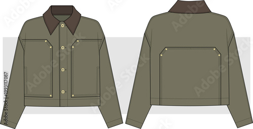 Unisex Short Army Cargo Jacket fashion technical drawing illustration. front and back view, men women worker casual jacket. cad, mockup. 