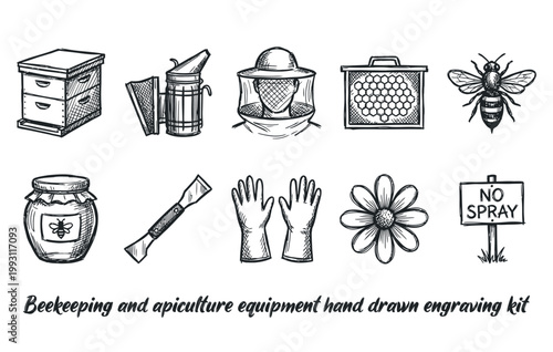 Beekeeping and apiculture equipment hand drawn engraving kit