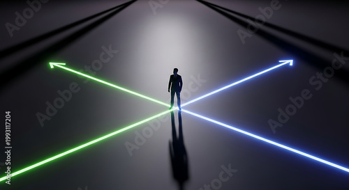 A person stands at a crossroads with glowing green and blue laser beams pointing in different directions.
