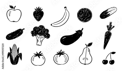 Crayon style fruits and vegetables doodle hand drawn food icons set