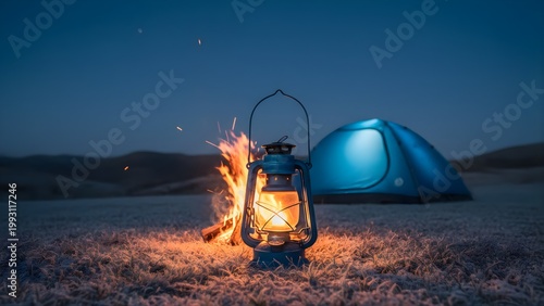 Vintage lantern glowing by campfire near camping tent at night
