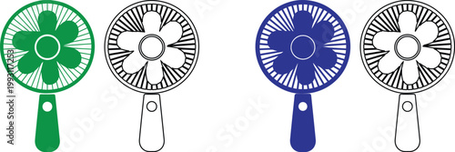 Four handheld fans in green blue and black and white colors with flower shaped blades and handles