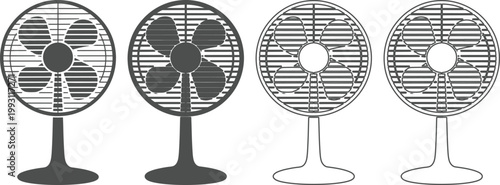 Four different styles of electric fans in black and white illustrations standing alone on white background