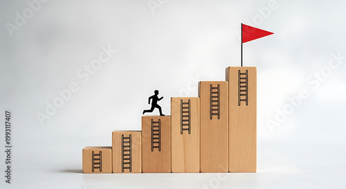 A person climbs up a staircase of wooden blocks towards a red flag, symbolizing success and achievement.