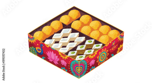 Traditional Indian sweets box with laddu kaju katli and barfi for diwali celebration and festive gifting in india isolated on white background vector illustration