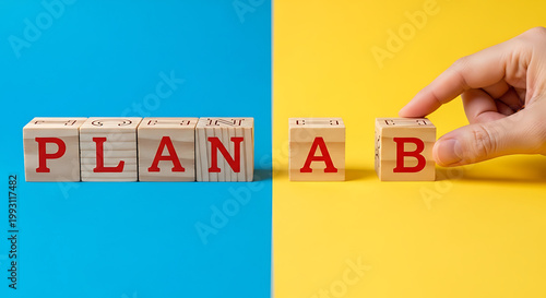 A hand changing from plan A to plan B with wooden blocks on a blue and yellow background