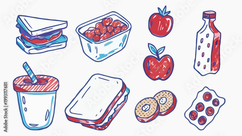 Colorful doodle illustration of kids' lunchbox items including sandwiches fruits and snacks