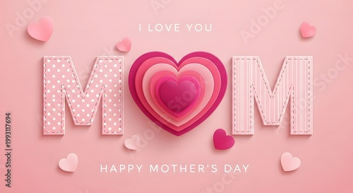 Happy mothers day greeting card with paper cut style letters m and o shaped as a heart on pink background