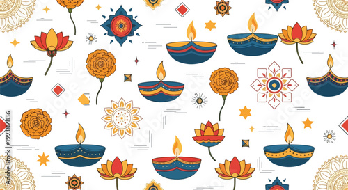 Diwali festival seamless pattern featuring traditional oil lamps or diyas marigold flowers lotus and decorative rangoli mandalas on white background for Indian celebrations