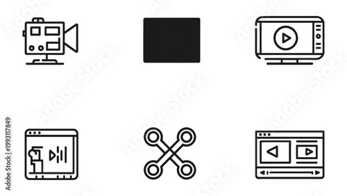 Video Recording and Editing Icons: A collection of sleek, modern icons representing the art of video creation and editing, featuring a camera, play button, and more. 