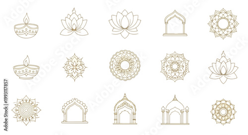 Elegant collection of Diwali festival line icons featuring diya lamps lotus flowers mandalas and Indian temple architecture elements for traditional celebration and greeting card design