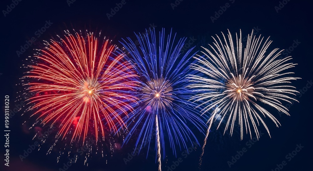 Fototapeta premium Vibrant fireworks display in red white and blue exploding against a dark night sky with festive sparks