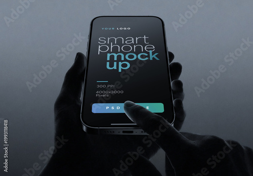  Cinematic Smartphone Mockup Held Vertically By Silhouette Hands On Blue Gray Background