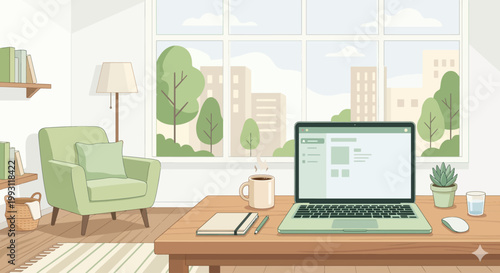 Minimalist flat vector illustration of a cozy home office workspace featuring a laptop, coffee cup, notebook, and indoor plants on a wooden desk. Bright natural light from large window with cityscape 