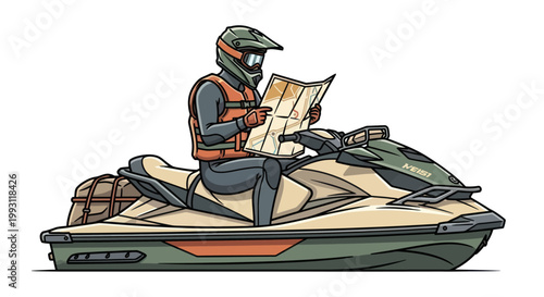 Man riding a jet ski with map.