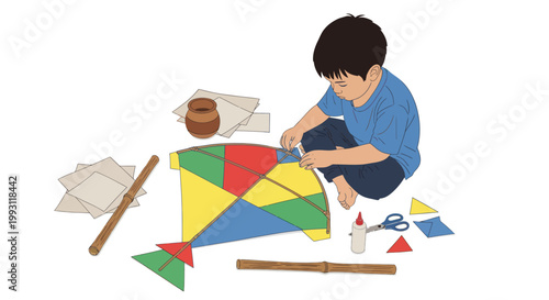 Boy making colorful kite at home.