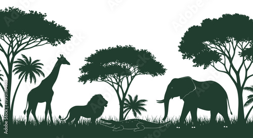 Silhouette of savannah wildlife animals.