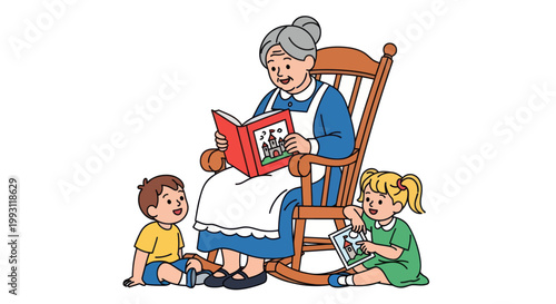 Woman reading to two small children.