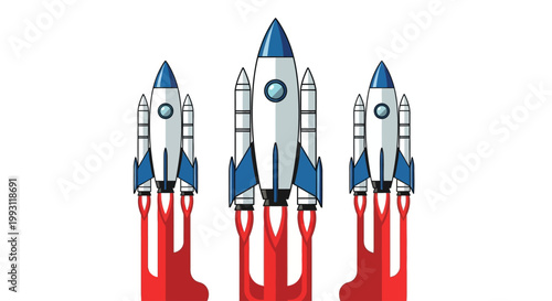 Three toy rockets in flight.