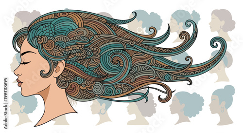 Woman with long flowing colorful hair.