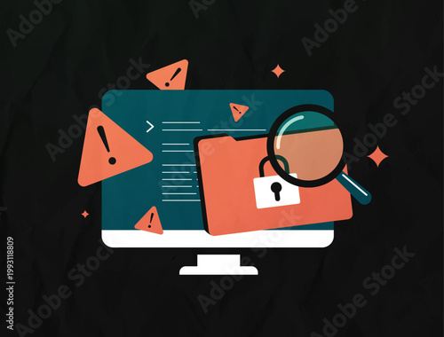 Cybersecurity threat with data breach detection and security warning in digital system. Data security workflow with threat analysis and system protection process, ransomware alert vector illustration