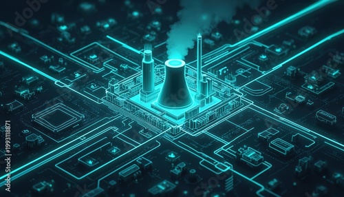 Futuristic nuclear power plant illustration connects to glowing digital city grid. Blue neon lines show energy transmission network. Smart urban infrastructure concept with industry.