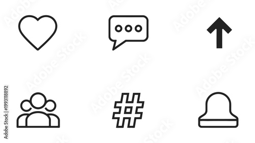 Social Media Icons Set: A minimalist collection of essential social media icons, conveying instant visual communication for likes, comments, shares, hashtags and notifications. 