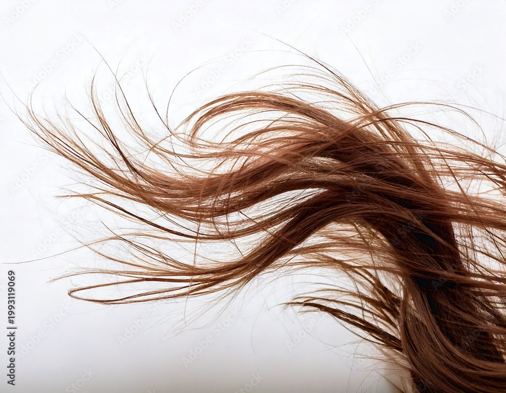 Fototapeta premium Stunning brown hair strands flowing in the wind, isolated on white. A dynamic metaphor for freedom and vitality, ideal for hair care advertisements, beauty concepts, and salon marketing.