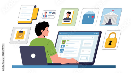 man submitting forms through online government system with digital interface vector illustration