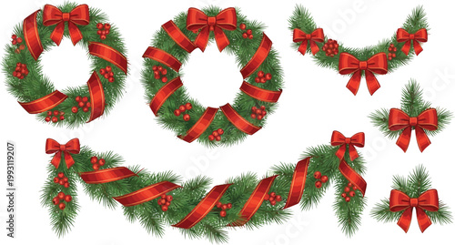Christmas wreath garland and decorative with red bows and berries christmas garland pine branches red ribbon