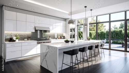 Modern White Kitchen Interior with Island.