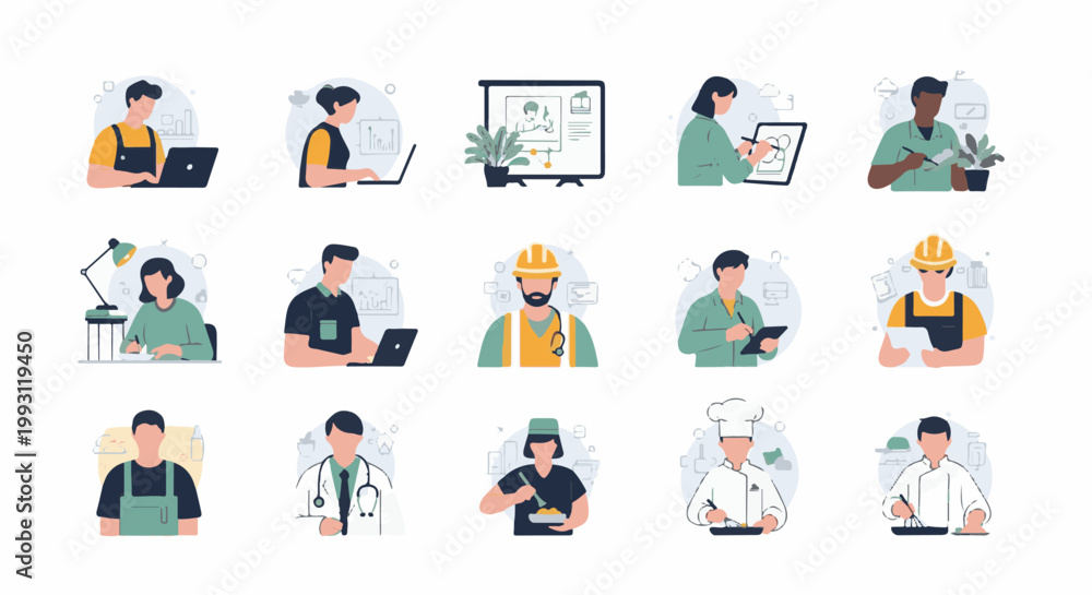 Fototapeta premium Diverse professionals engaging in work, including office tasks, healthcare, construction, and culinary arts