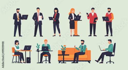 Diverse professionals engaged in work and communication, showcasing modern office and casual work settings