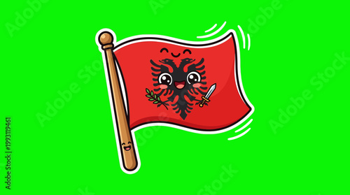 Albanian Flag Cartoon Character with Smiling Face and Cute Expression.