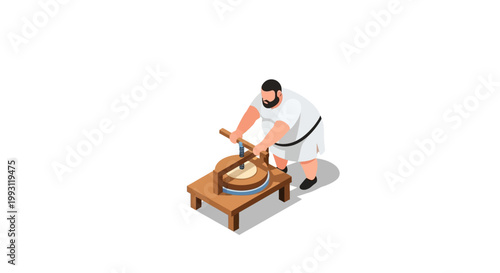 Ancient man grinding grain with a traditional stone mill.