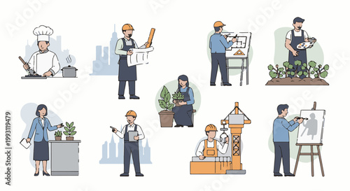 Diverse professionals, from chefs and architects to farmers and artists, engaged in their work