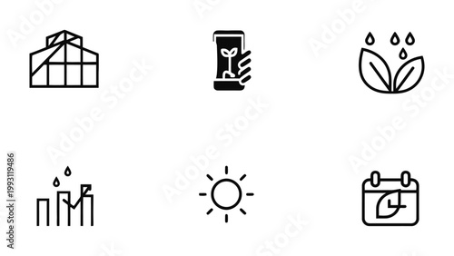 Greenhouse Icons: A collection of simple, stylized icons symbolizing various aspects of growing and nurturing life. Perfect for conveying concepts of growth, ecology, and environmental consciousness.