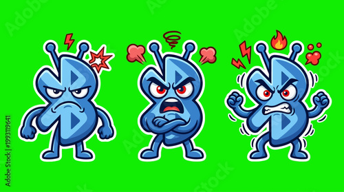 Angry alien cartoon characters with various expressions and emotions displayed.
